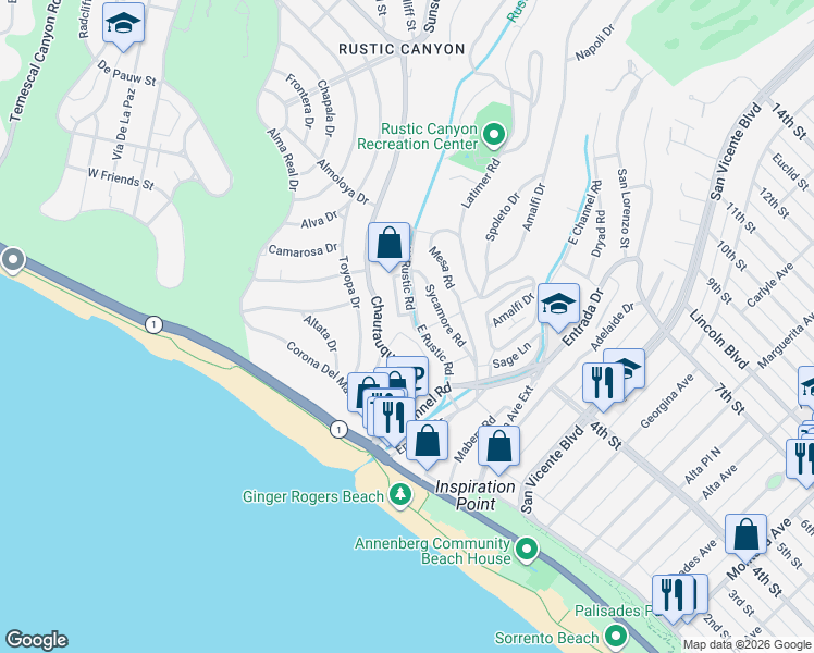 map of restaurants, bars, coffee shops, grocery stores, and more near 407 West Rustic Road in Santa Monica