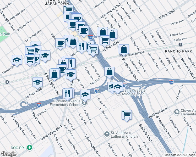 map of restaurants, bars, coffee shops, grocery stores, and more near 11341 Pearl Street in Los Angeles