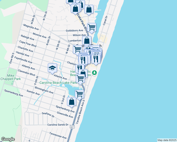 map of restaurants, bars, coffee shops, grocery stores, and more near 103 Charlotte Avenue in Carolina Beach