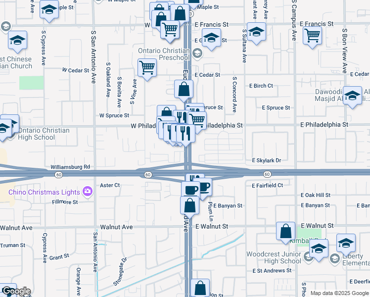 map of restaurants, bars, coffee shops, grocery stores, and more near 2324 Euclid Avenue in Ontario