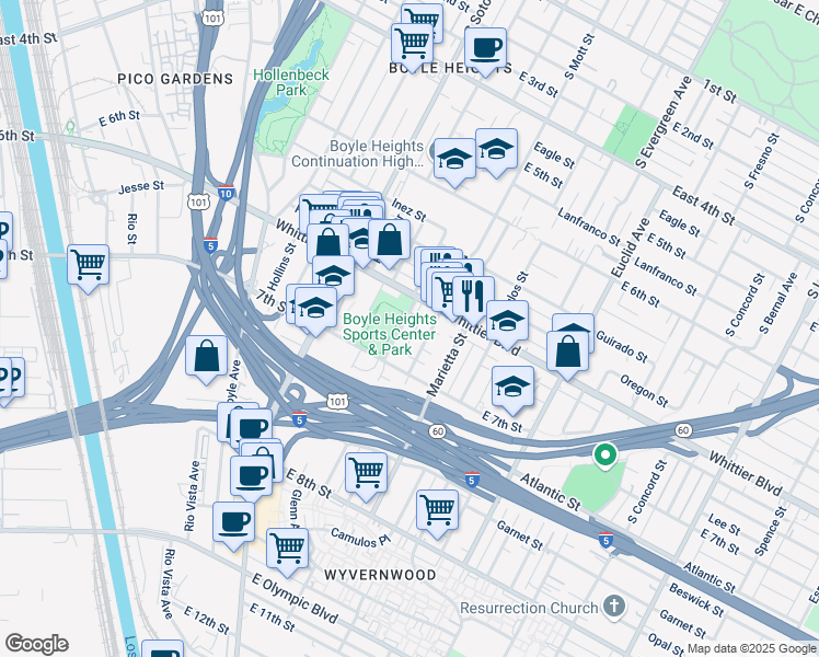 map of restaurants, bars, coffee shops, grocery stores, and more near 932 South Mott Street in Los Angeles
