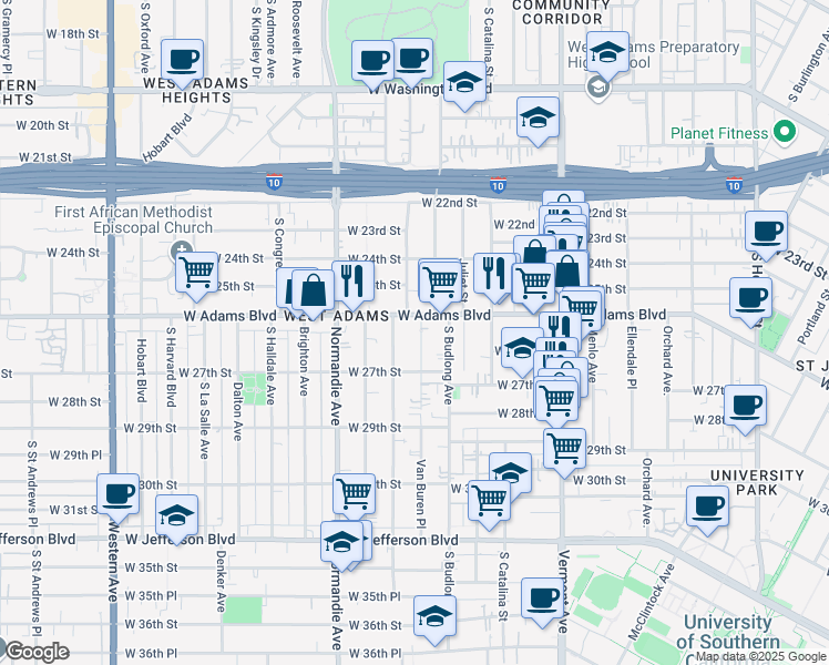 map of restaurants, bars, coffee shops, grocery stores, and more near 2615 Van Buren Place in Los Angeles