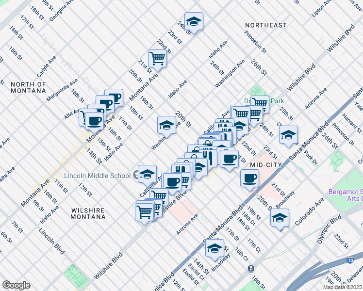 map of restaurants, bars, coffee shops, grocery stores, and more near 1044 19th Street in Santa Monica