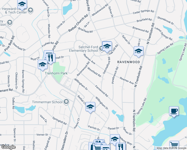 map of restaurants, bars, coffee shops, grocery stores, and more near 4951 Westfield Road in Columbia