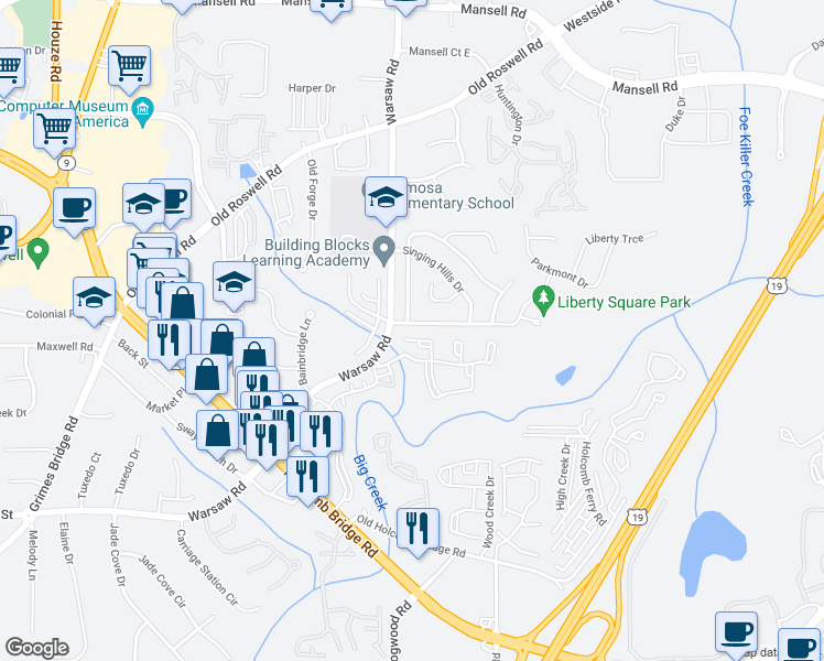 map of restaurants, bars, coffee shops, grocery stores, and more near 1075 Worthington Hills Drive in Roswell