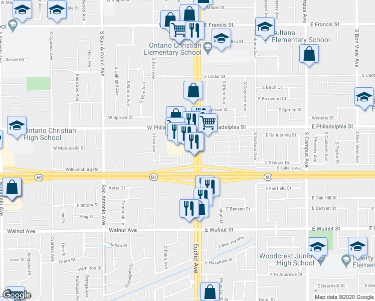 map of restaurants, bars, coffee shops, grocery stores, and more near 2252 South Euclid Avenue in Ontario