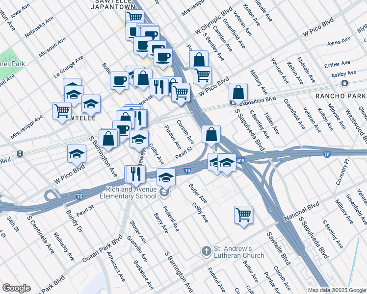 map of restaurants, bars, coffee shops, grocery stores, and more near 2490 Purdue Avenue in Los Angeles