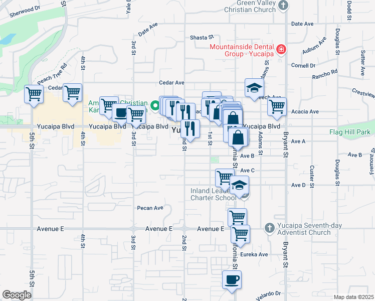 map of restaurants, bars, coffee shops, grocery stores, and more near 12183 2nd Street in Yucaipa