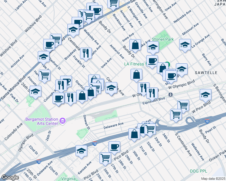 map of restaurants, bars, coffee shops, grocery stores, and more near 1801 Centinela Avenue in Santa Monica