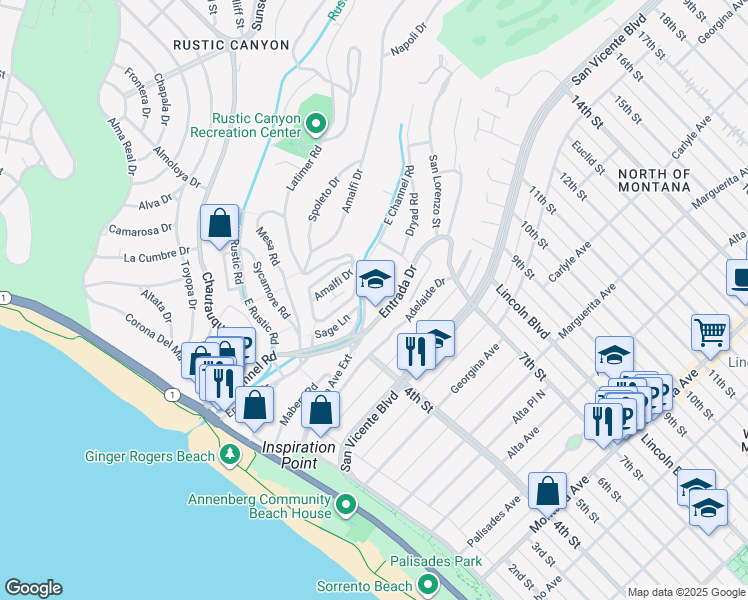 map of restaurants, bars, coffee shops, grocery stores, and more near 421 Entrada Drive in Santa Monica