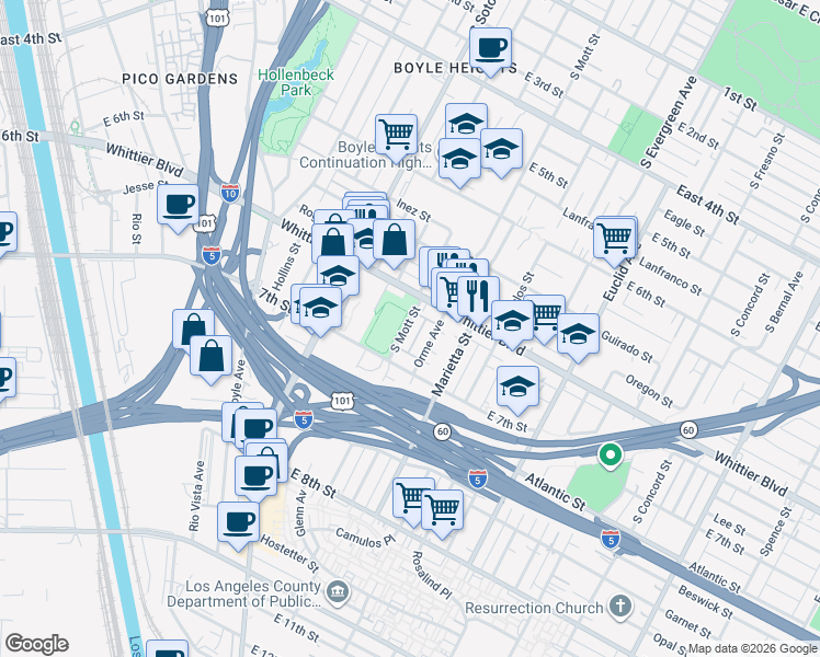 map of restaurants, bars, coffee shops, grocery stores, and more near 932 South Mott Street in Los Angeles
