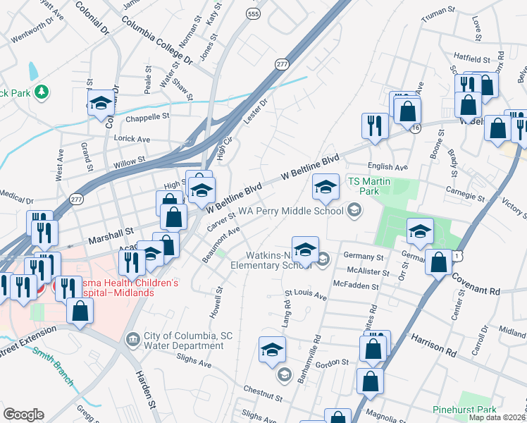 map of restaurants, bars, coffee shops, grocery stores, and more near 3541 Beaumont Avenue in Columbia