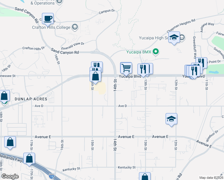 map of restaurants, bars, coffee shops, grocery stores, and more near 12204 14th Street in Yucaipa