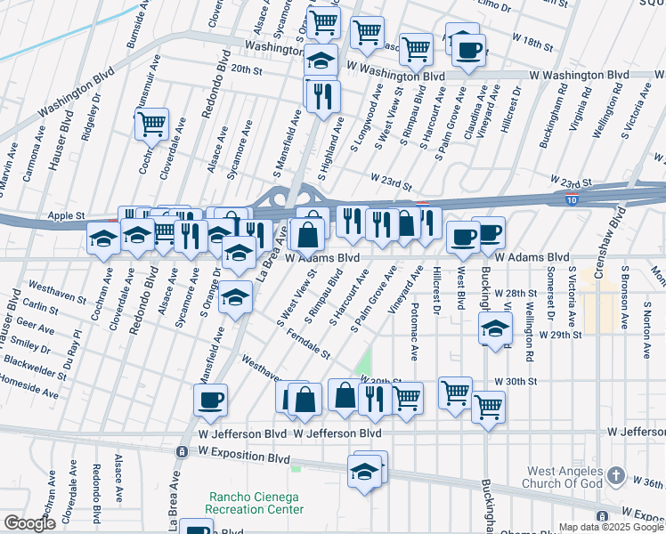 map of restaurants, bars, coffee shops, grocery stores, and more near 2614 South West View Street in Los Angeles