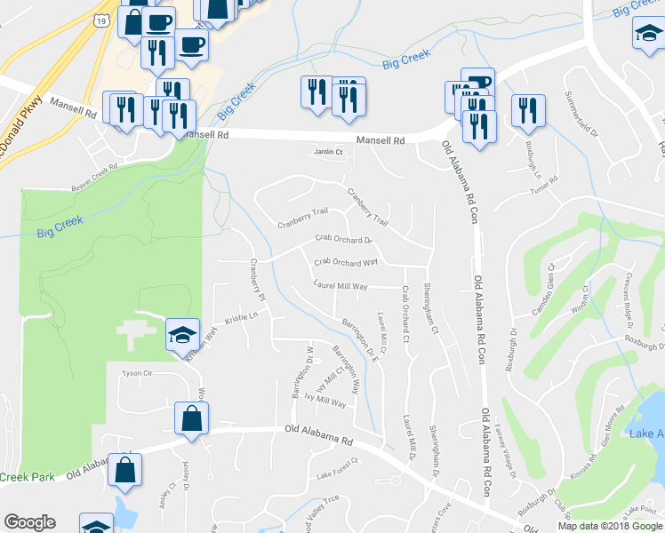 map of restaurants, bars, coffee shops, grocery stores, and more near 270 Crab Orchard Way in Roswell