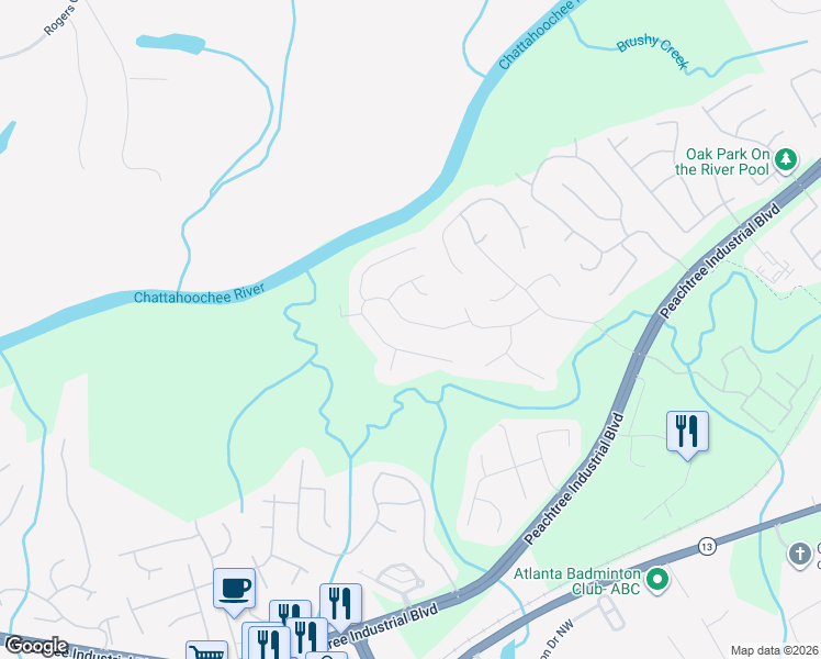 map of restaurants, bars, coffee shops, grocery stores, and more near 1960 Woods River Lane in Duluth