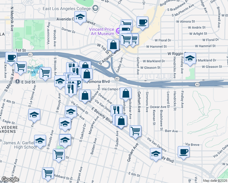 map of restaurants, bars, coffee shops, grocery stores, and more near 245 South Margaret Avenue in East Los Angeles