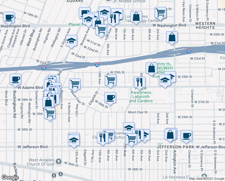 map of restaurants, bars, coffee shops, grocery stores, and more near 3812 West Adams Boulevard in Los Angeles