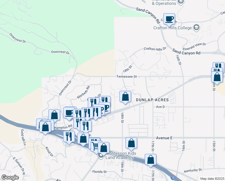 map of restaurants, bars, coffee shops, grocery stores, and more near 12190 Gladys Lane in Yucaipa