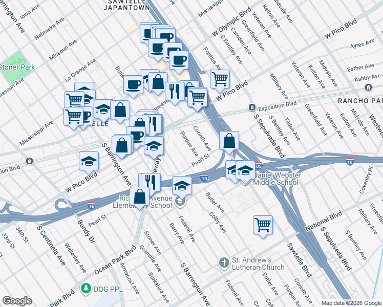 map of restaurants, bars, coffee shops, grocery stores, and more near 2491 Purdue Avenue in Los Angeles