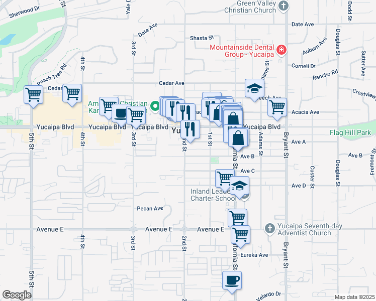 map of restaurants, bars, coffee shops, grocery stores, and more near 12198 2nd Street in Yucaipa