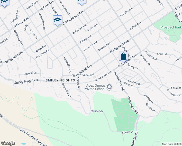 map of restaurants, bars, coffee shops, grocery stores, and more near 1200 Cedar Avenue in Redlands