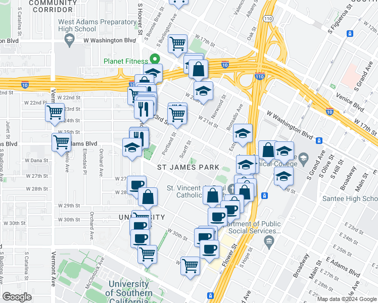 map of restaurants, bars, coffee shops, grocery stores, and more near 2328 Saint James Place in Los Angeles