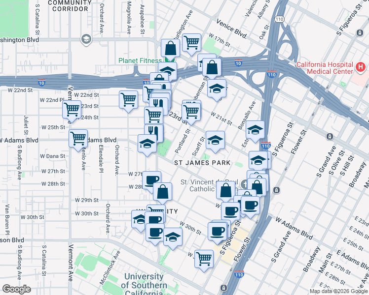 map of restaurants, bars, coffee shops, grocery stores, and more near 2355 Scarff Street in Los Angeles