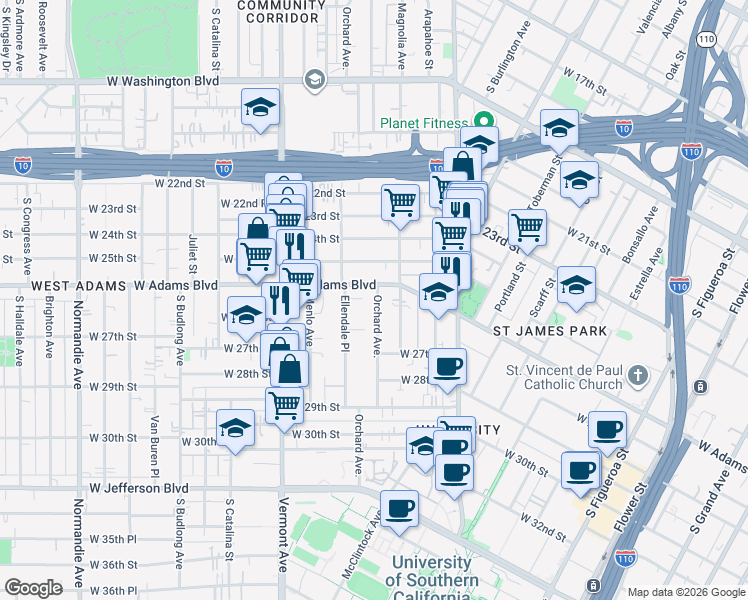 map of restaurants, bars, coffee shops, grocery stores, and more near 2622 Orchard Avenue in Los Angeles