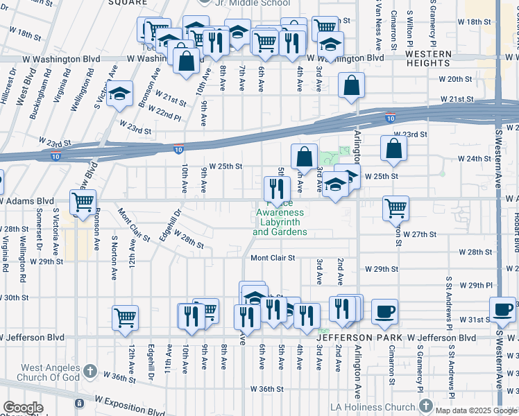 map of restaurants, bars, coffee shops, grocery stores, and more near 3616 West Adams Boulevard in Los Angeles