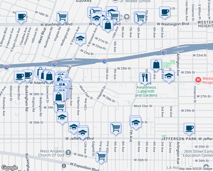 map of restaurants, bars, coffee shops, grocery stores, and more near 2701 Edgehill Drive in Los Angeles
