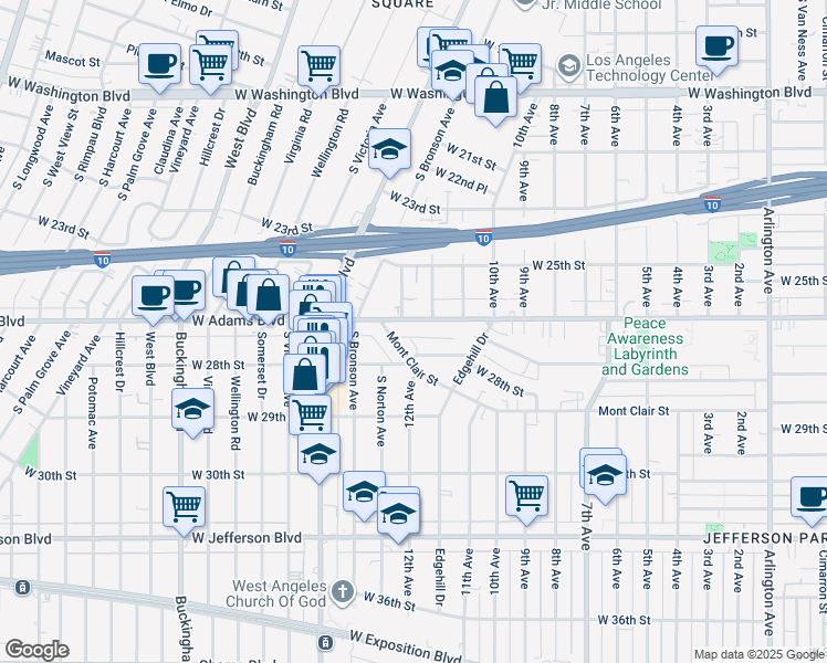 map of restaurants, bars, coffee shops, grocery stores, and more near 4225 Mont Clair Street in Los Angeles