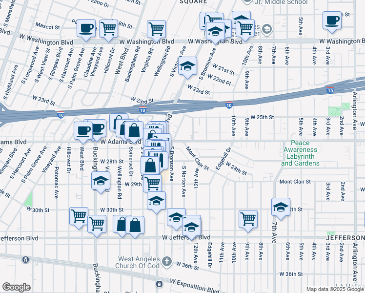 map of restaurants, bars, coffee shops, grocery stores, and more near 2616 South Bronson Avenue in Los Angeles