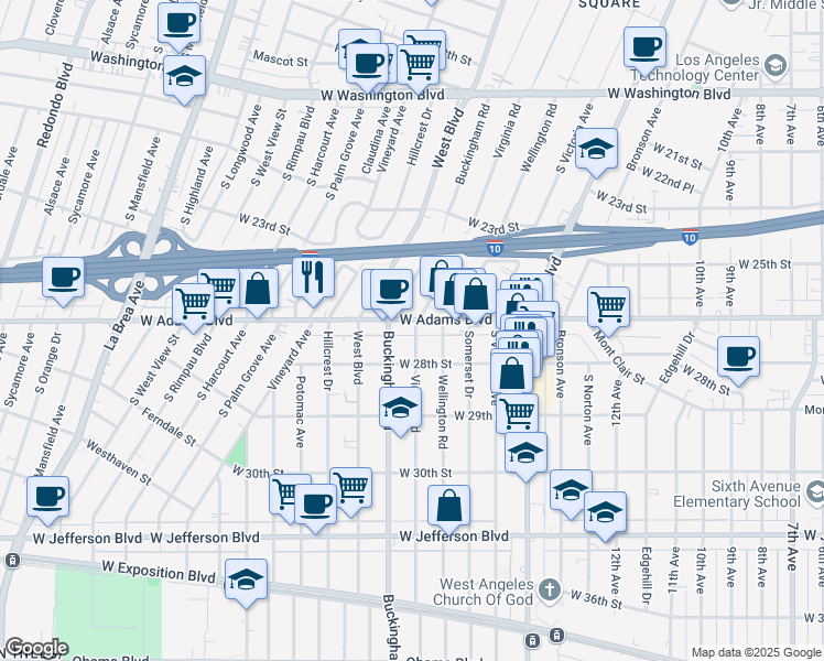map of restaurants, bars, coffee shops, grocery stores, and more near in Los Angeles