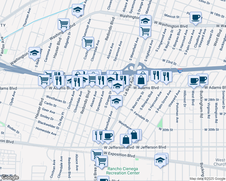 map of restaurants, bars, coffee shops, grocery stores, and more near 2610 South Orange Drive in Los Angeles