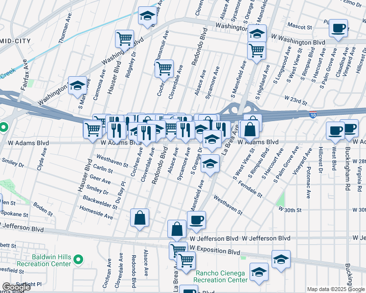 map of restaurants, bars, coffee shops, grocery stores, and more near 2605 South Sycamore Avenue in Los Angeles