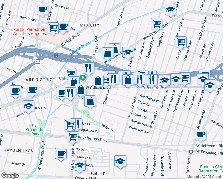 map of restaurants, bars, coffee shops, grocery stores, and more near 5645 Carlin Street in Los Angeles