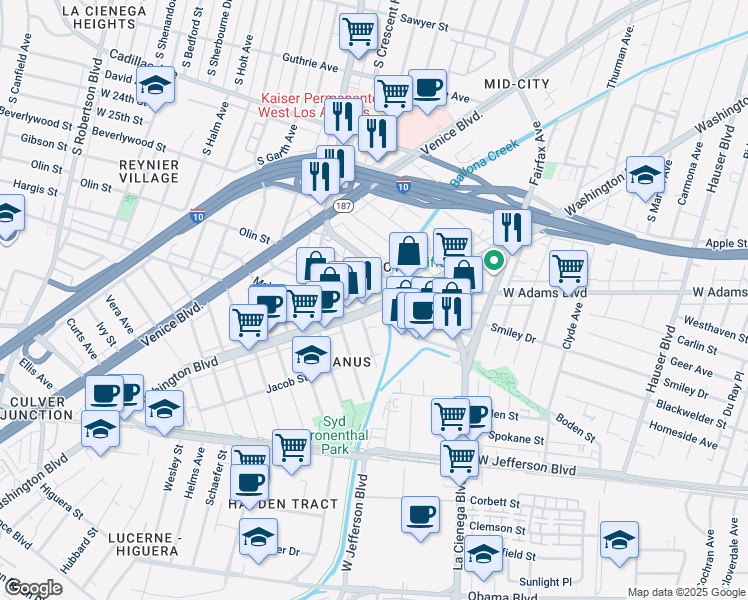 map of restaurants, bars, coffee shops, grocery stores, and more near 5963 Washington Boulevard in Culver City