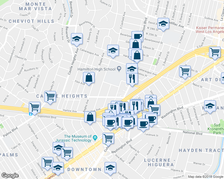 map of restaurants, bars, coffee shops, grocery stores, and more near 3119 Livonia Avenue in Los Angeles