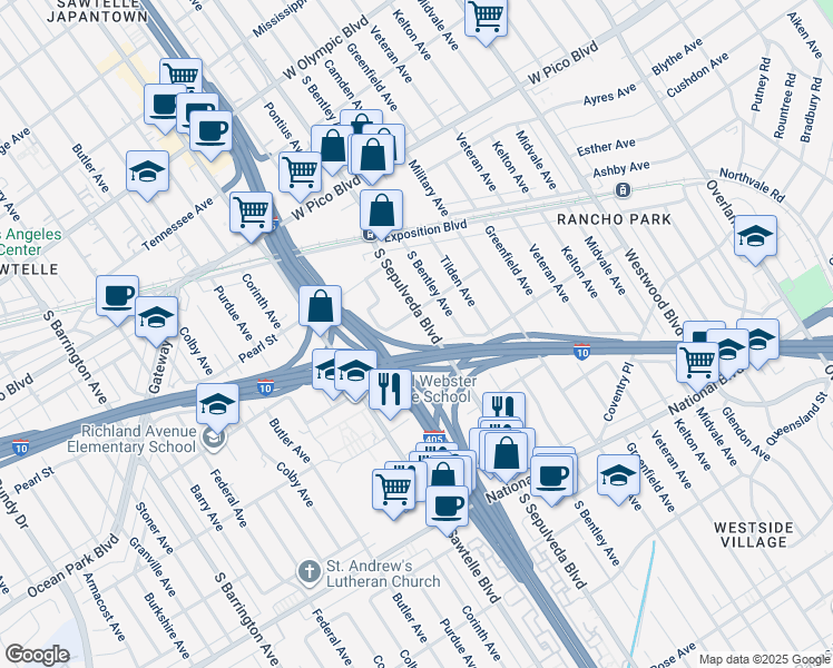 map of restaurants, bars, coffee shops, grocery stores, and more near 2625 South Sepulveda Boulevard in Los Angeles