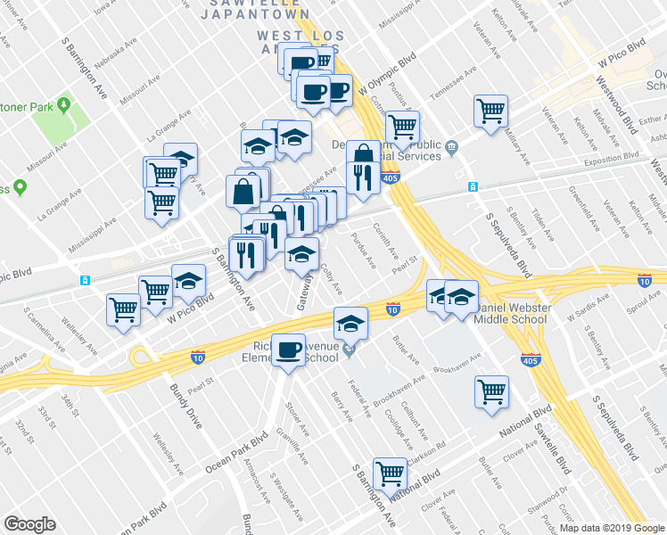 map of restaurants, bars, coffee shops, grocery stores, and more near 2451 Colby Avenue in Los Angeles