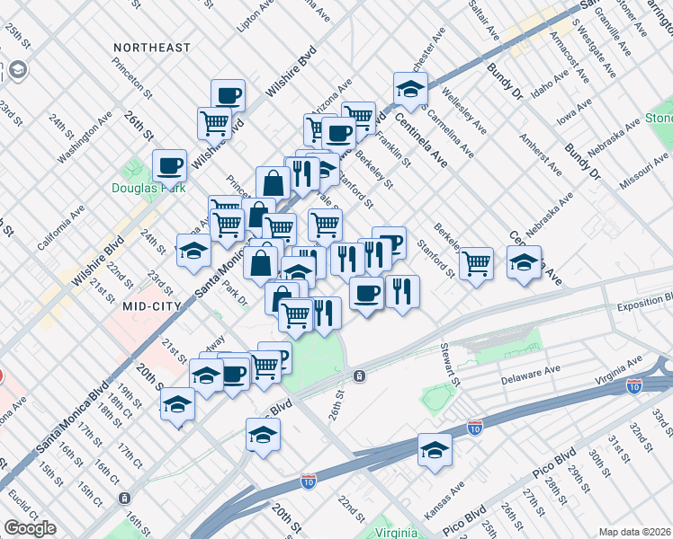 map of restaurants, bars, coffee shops, grocery stores, and more near 1552 Harvard Street in Santa Monica