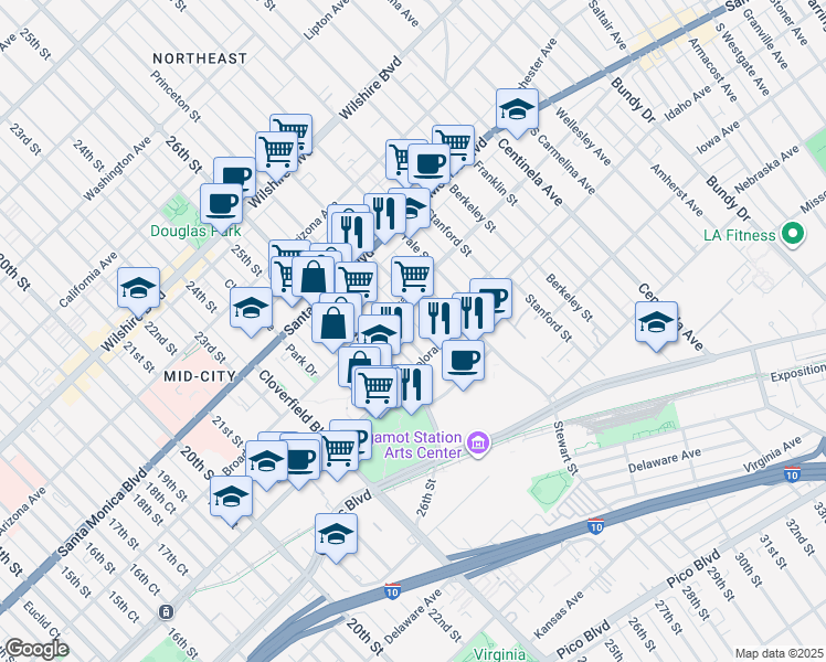 map of restaurants, bars, coffee shops, grocery stores, and more near 1524 Princeton Street in Santa Monica