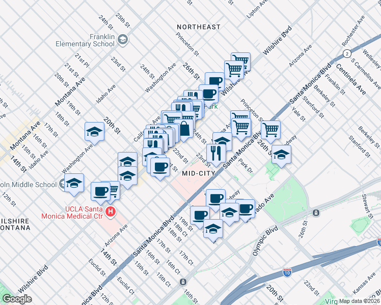 map of restaurants, bars, coffee shops, grocery stores, and more near 1233 22nd Street in Santa Monica