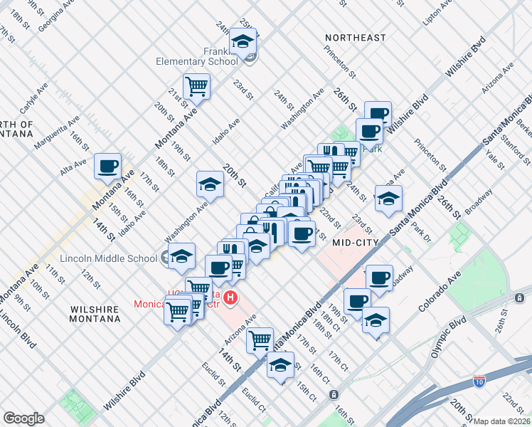 map of restaurants, bars, coffee shops, grocery stores, and more near 1107 19th Street in Santa Monica