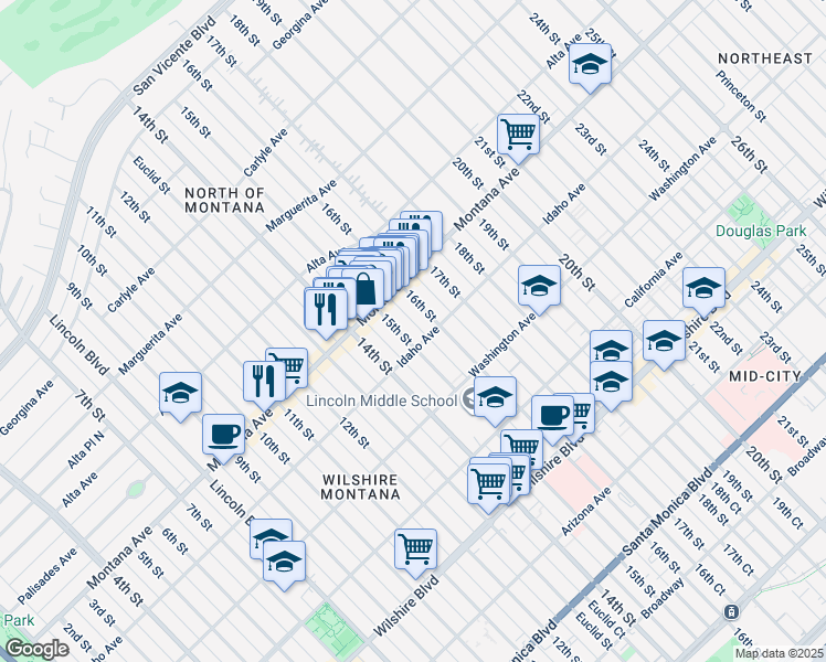 map of restaurants, bars, coffee shops, grocery stores, and more near 1505 Idaho Avenue in Santa Monica
