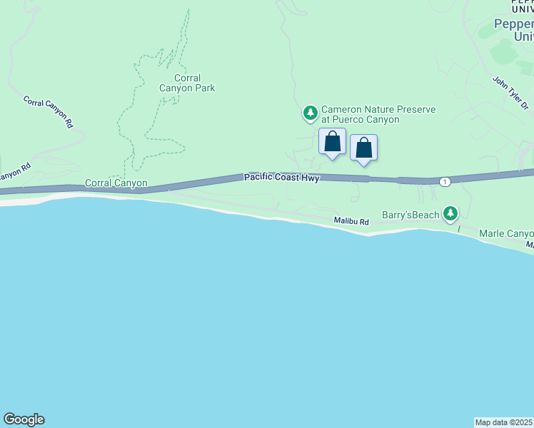 map of restaurants, bars, coffee shops, grocery stores, and more near 25250 Malibu Road in Malibu