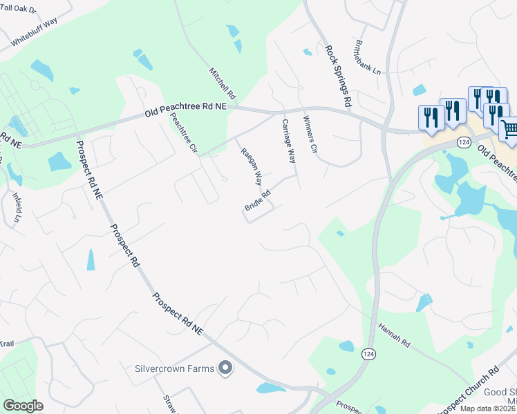 map of restaurants, bars, coffee shops, grocery stores, and more near 1911 Bridle Road in Lawrenceville