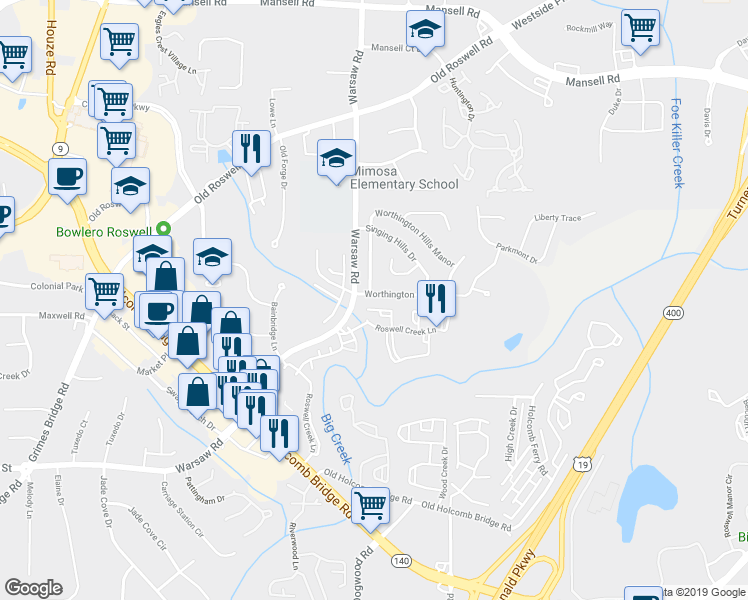 map of restaurants, bars, coffee shops, grocery stores, and more near 1075 Worthington Hills Drive in Roswell
