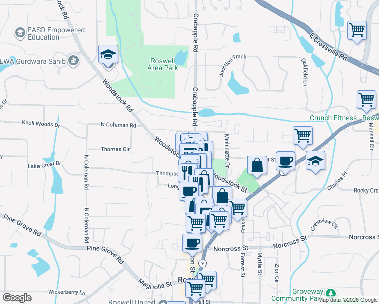 map of restaurants, bars, coffee shops, grocery stores, and more near 1224 Canton Street in Roswell